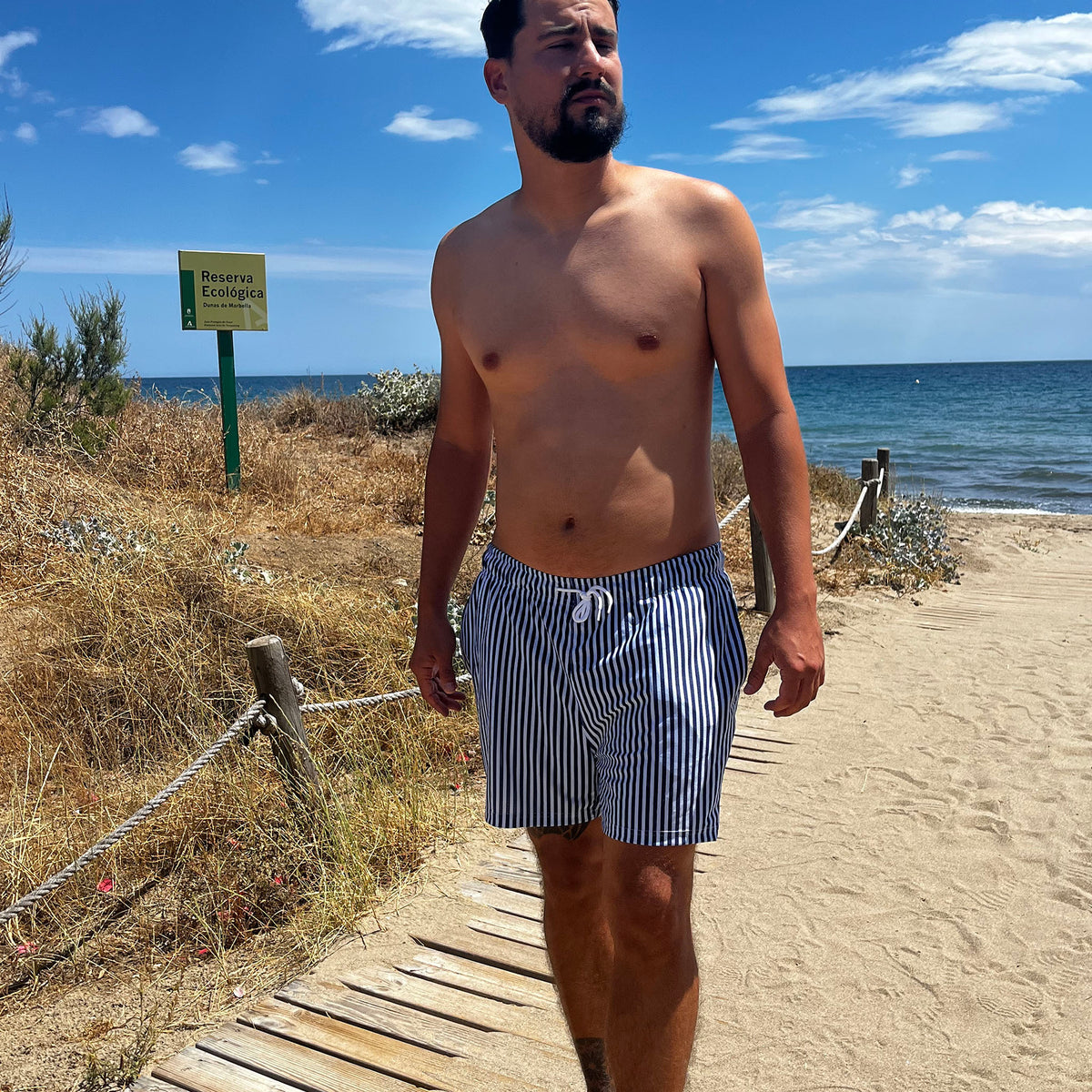 Men's Tan-Through Black & White Denim Stripe Comfort Lined Beach Shorts