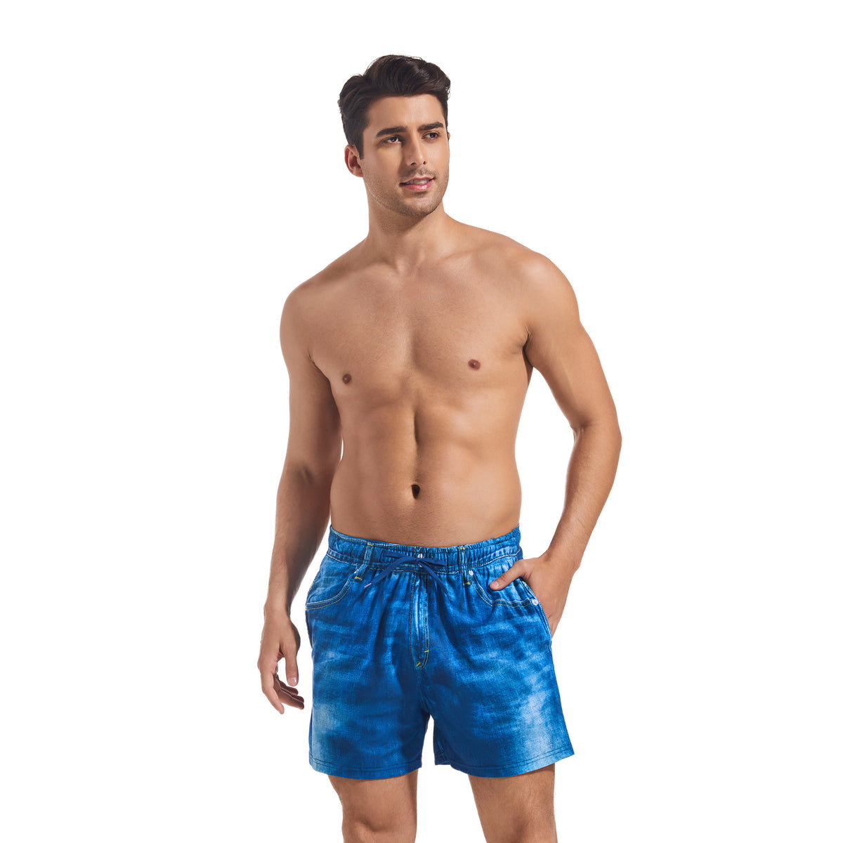 Men’s Blue Denim Print Sun-Permeable Tan Through Swim Trunks