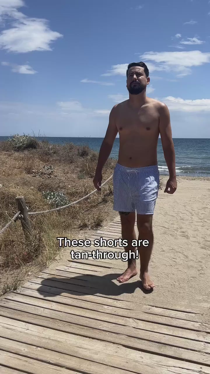 Men's Tan-Through Shorts | Blue & White Denim Stripe Comfort Lined Beach Shorts