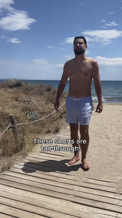 Men's Tan-Through Shorts | Blue & White Denim Stripe Comfort Lined Beach Shorts