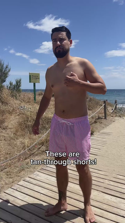 Men's Tan-Through Shorts | Pink & White Denim Stripe Comfort Lined Beach Shorts